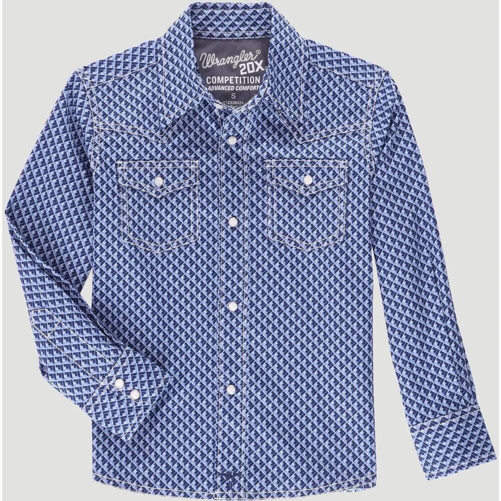 NEW WRANGLER boy's long sleeve cotton blend shirt in midnight squares